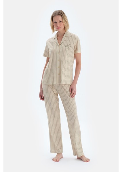 Yeşil Çizgili Nakış Detaylı Gömlek Pantolon Pijama Takımı