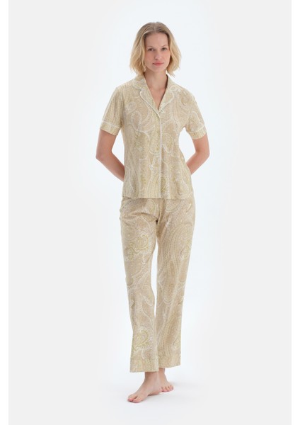 Açık Yeşil Şal Desenli Penye Modal Gömlek Pantolon Pijama Takımı
