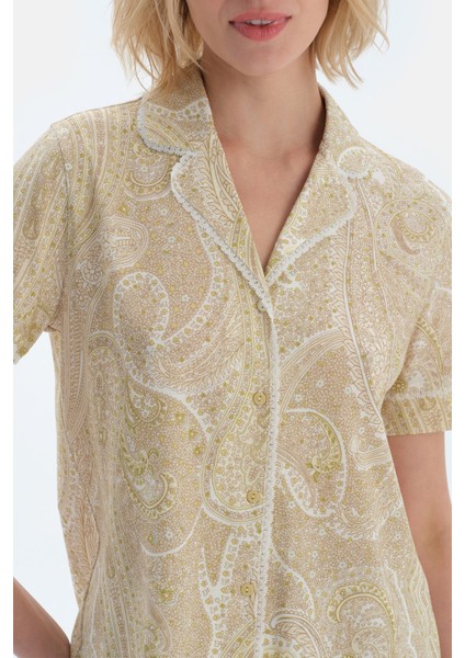 Açık Yeşil Şal Desenli Penye Modal Gömlek Pantolon Pijama Takımı