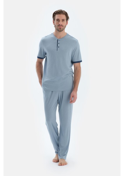 Açık Mavi Kısa Kollu Patlı Basıc Tişört Pantolon Pijama Takımı