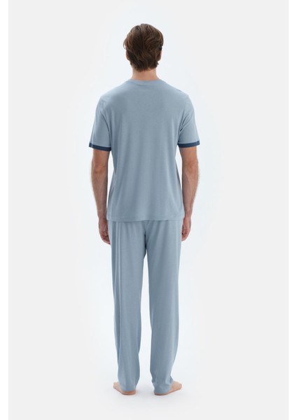 Açık Mavi Kısa Kollu Patlı Basıc Tişört Pantolon Pijama Takımı fiyatları