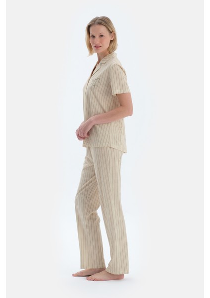 Yeşil Çizgili Nakış Detaylı Gömlek Pantolon Pijama Takımı modelleri
