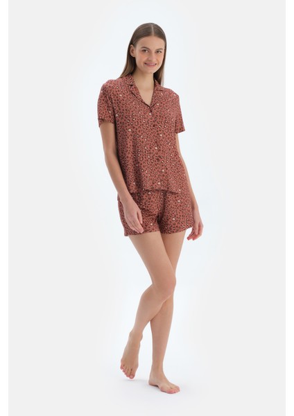 Kiremit Leopar Desenli Gömlek Şort Pijama Takımı