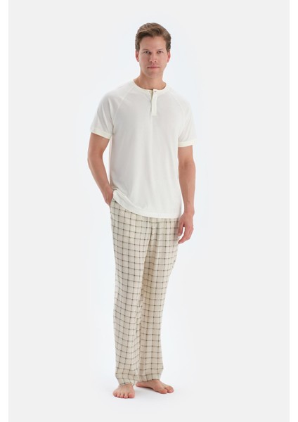 Ekru Gizli Patlı Kısa Kollu Tişört Pantolon Pijama Takımı