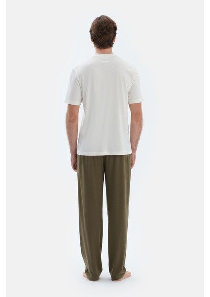 Ekru Kısa Kollu Yarım Patlı Tişört Pantolon Pijama Takımı