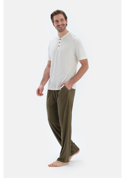 Ekru Kısa Kollu Yarım Patlı Tişört Pantolon Pijama Takımı