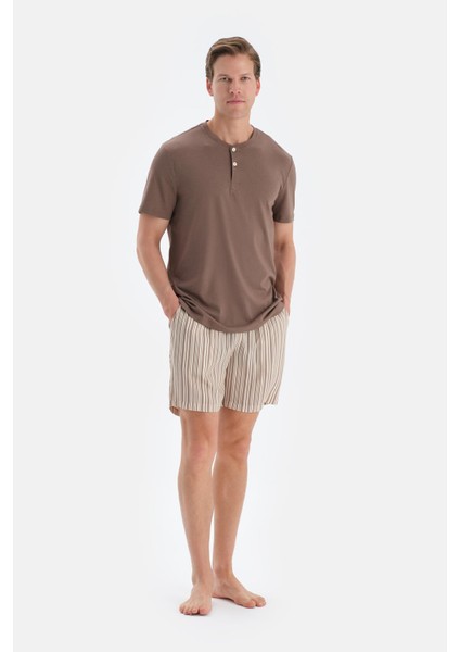 Açık Kahve Yarım Patlı Kısa Kollu Tişört Şort Pijama Takımı