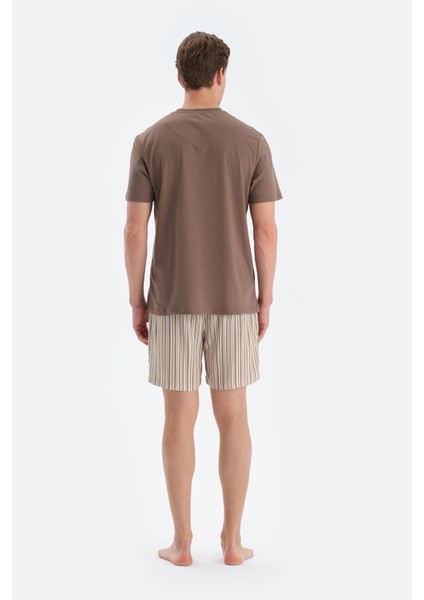 Açık Kahve Yarım Patlı Kısa Kollu Tişört Şort Pijama Takımı