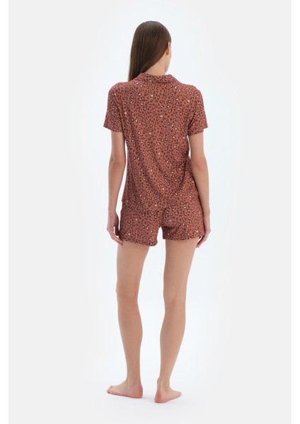 Kiremit Leopar Desenli Gömlek Şort Pijama Takımı fiyatları