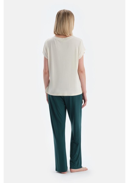 Ekru Düşük Omuzlu Kısa Kollu Viskon Tişört Pantolon Pijama Takımı fiyatları