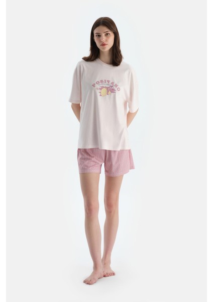 Açık Pembe Baskı Detaylı Kısa Kollu Tişört Şort Pijama Takımı