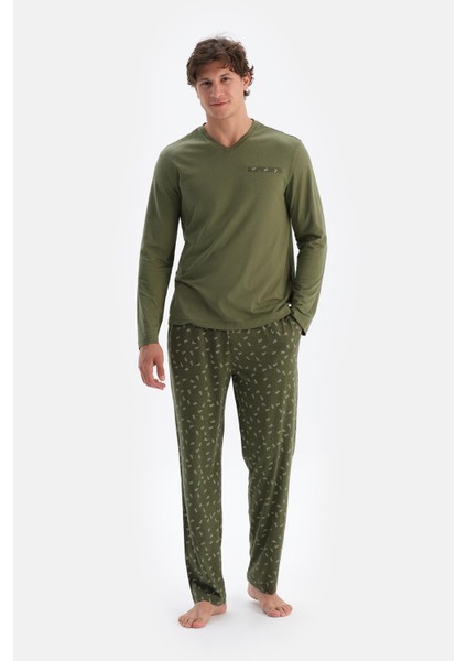 Haki V Yaka Penye Modal Tişört Pantolon Pijama Takımı fırsatları