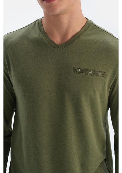 Haki V Yaka Penye Modal Tişört Pantolon Pijama Takımı indirimleri