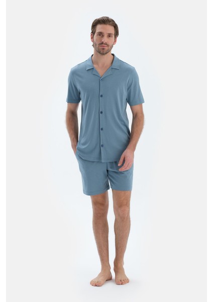 Mavi Kısa Kollu Cepli Basıc Gömlek Şort Pijama Takımı