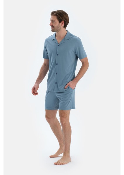 Mavi Kısa Kollu Cepli Basıc Gömlek Şort Pijama Takımı modelleri
