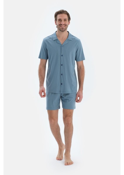 Mavi Kısa Kollu Cepli Basıc Gömlek Şort Pijama Takımı fırsatları