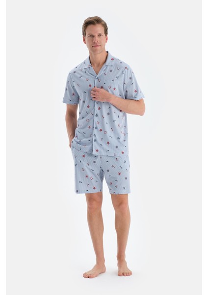 Açık Mavi Metraj Baskılı Gömlek Şort Pijama Takımı