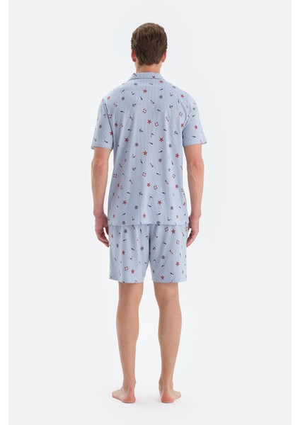 Açık Mavi Metraj Baskılı Gömlek Şort Pijama Takımı fiyatları