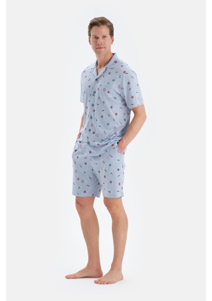 Açık Mavi Metraj Baskılı Gömlek Şort Pijama Takımı modelleri