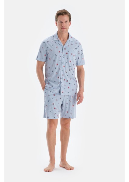 Açık Mavi Metraj Baskılı Gömlek Şort Pijama Takımı fırsatları