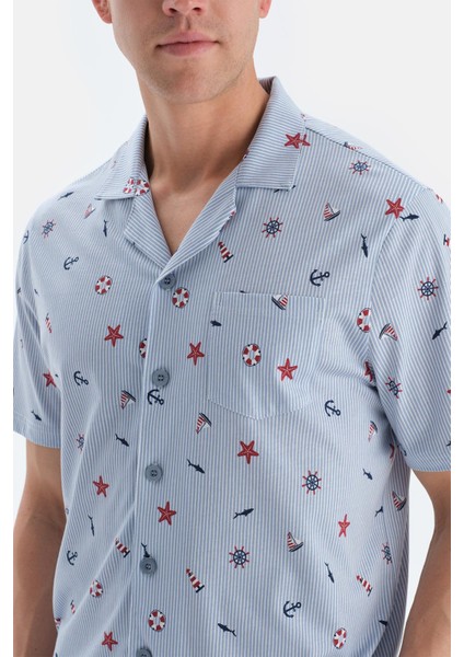 Açık Mavi Metraj Baskılı Gömlek Şort Pijama Takımı indirimleri