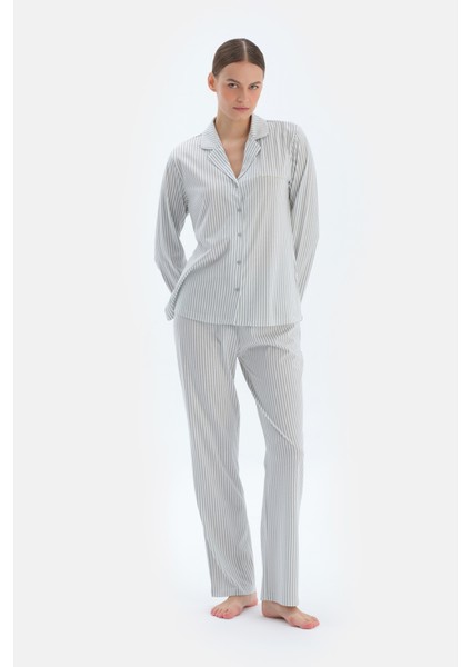Ada Çayı Çizgili Basıc Gömlek Pantolon Pijama Takımı