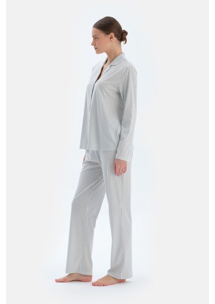 Ada Çayı Çizgili Basıc Gömlek Pantolon Pijama Takımı