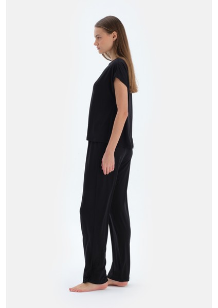 Siyah Basıc Kısa Kollu Tişört Pantolon Pijama Takımı modelleri