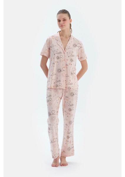 Pembe Metraj Baskılı Penye Modal Gömlek Pantolon Pijama Takımı