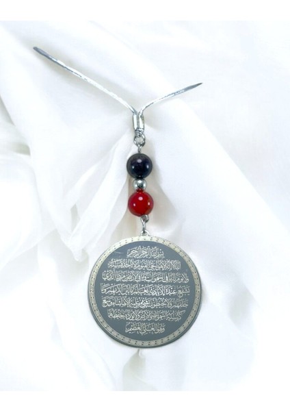 Doğal Akik Taşlı Gümüş Renk Çelik Çift Taraflı Ayetel Kürsi Felak Nas Ihlas Araba Ayna Süsü