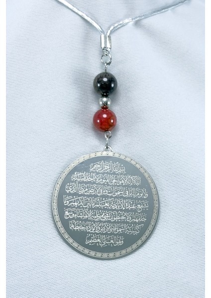 Doğal Akik Taşlı Gümüş Renk Çelik Çift Taraflı Ayetel Kürsi Felak Nas Ihlas Araba Ayna Süsü