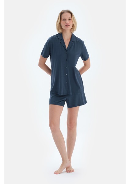 Lacivert Dokuma Etiket Detaylı Basıc Gömlek Şort Pijama Takımı