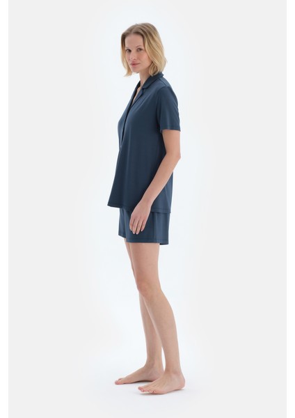 Lacivert Dokuma Etiket Detaylı Basıc Gömlek Şort Pijama Takımı modelleri