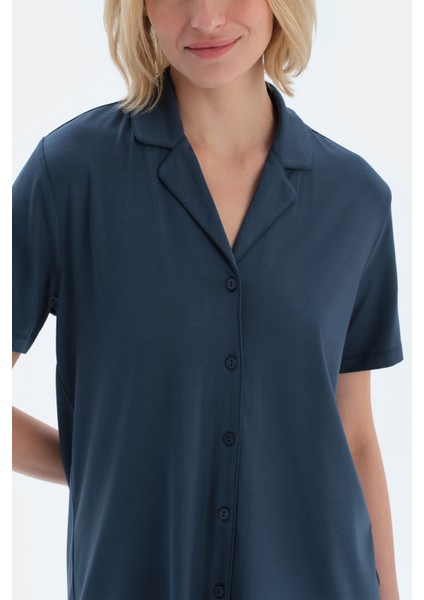 Lacivert Dokuma Etiket Detaylı Basıc Gömlek Şort Pijama Takımı indirimleri