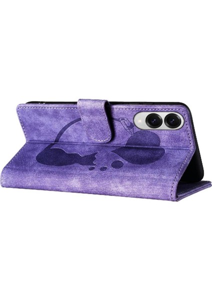 Galaxy S25 Kenar Kabartmalı Sevimli Kedi Tutucu Kapak Için Flip Case (Yurt Dışından)