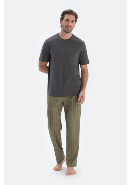 Antrasıt Kısa Kollu Dikiş Detaylı Tişört Pantolon Pijama Takımı