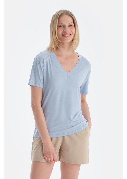 Buz Mavisi V Yaka Kısa Kollu Modal Tişört