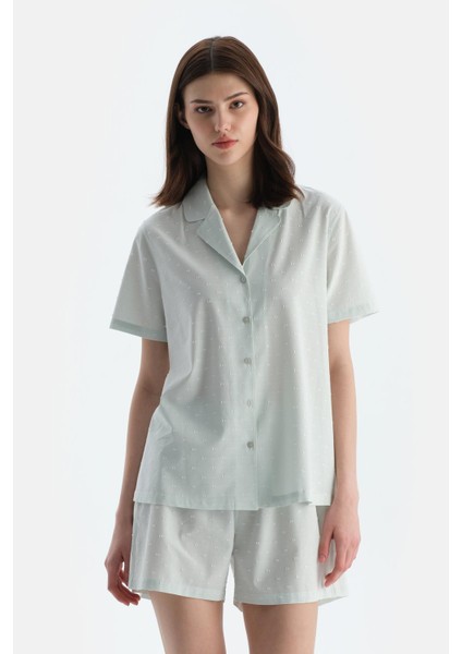 Turkuaz Puantiyeli Kısa Kollu Dokuma Gömlek