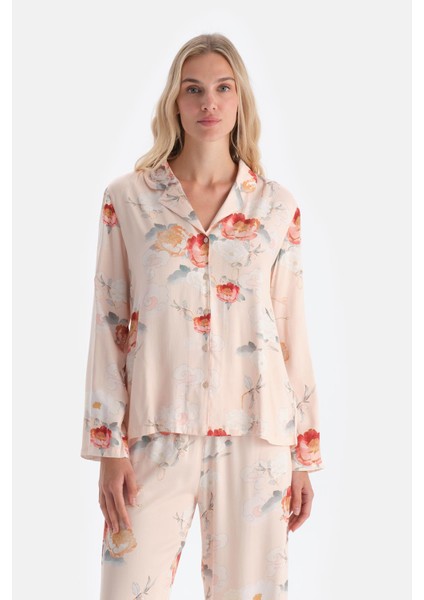 Krem Çiçekli Viskon Dokuma Gömlek Pijama Üstü