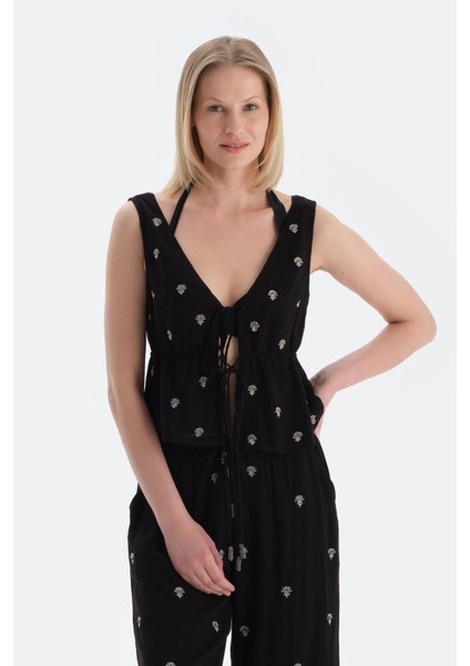 Siyah Kolsuz Önden Bağlamalı Üst