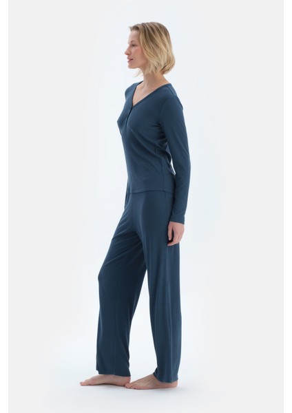 Lacivert V Yaka Viskon Kaşkorse Tişört Pantolon Pijama Takımı modelleri