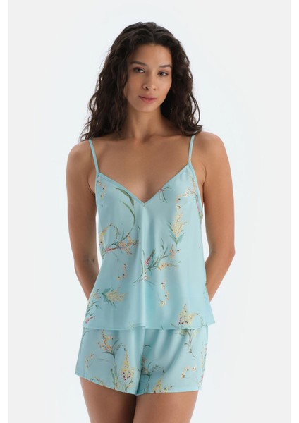 Mavi V Yaka Baskılı Saten Camısole