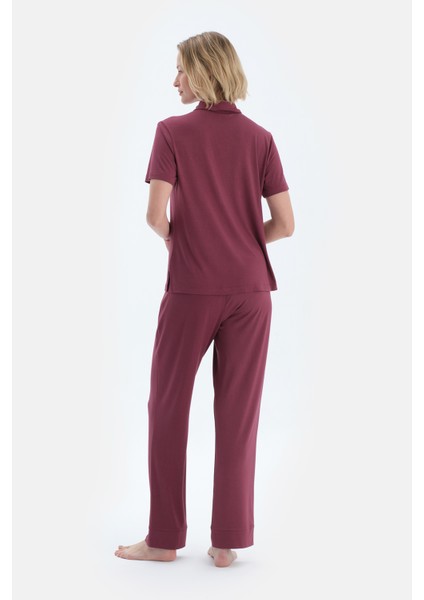 Bordo Basıc Gömlek Pantolon Pijama Takımı