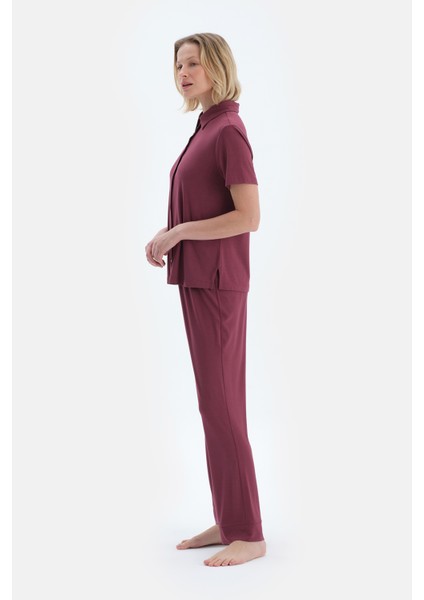 Bordo Basıc Gömlek Pantolon Pijama Takımı