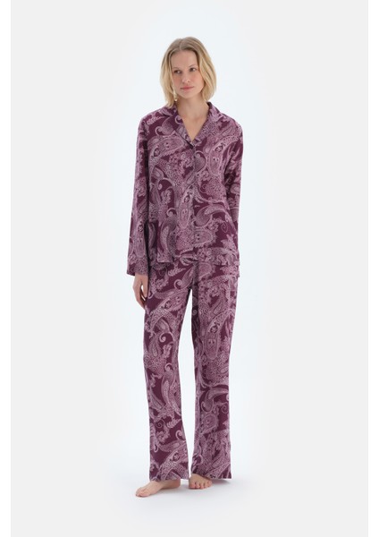 Mürdüm Şal Desenli Dokuma Pantolon Pijama Altı