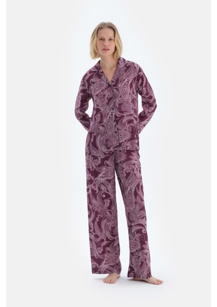 Mürdüm Şal Desenli Dokuma Pantolon Pijama Altı