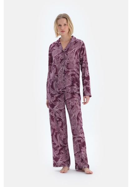 Mürdüm Şal Desenli Dokuma Pantolon Pijama Altı
