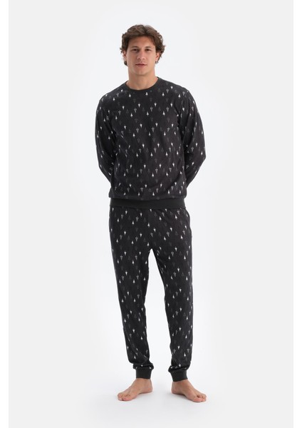 Antrasıt Metraj Desenli Ipek Apre Interlok Pijama Takımı