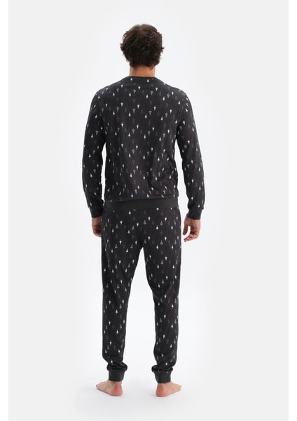 Antrasıt Metraj Desenli Ipek Apre Interlok Pijama Takımı