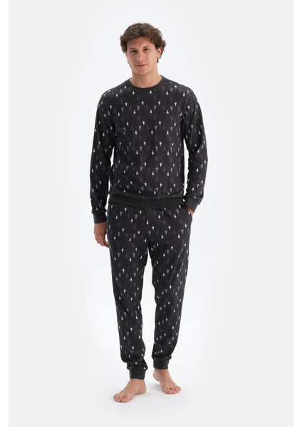 Antrasıt Metraj Desenli Ipek Apre Interlok Pijama Takımı